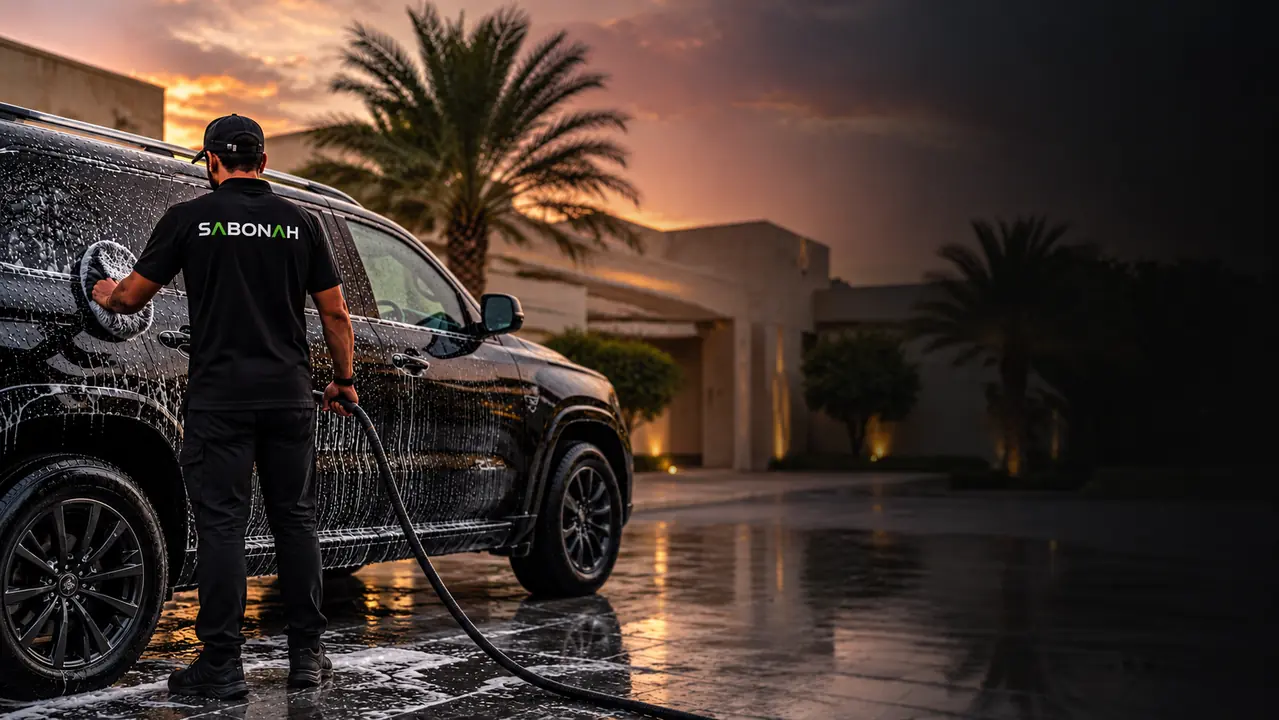 فريق SABONAH أثناء تقديم خدمة غسيل سيارات متنقلة